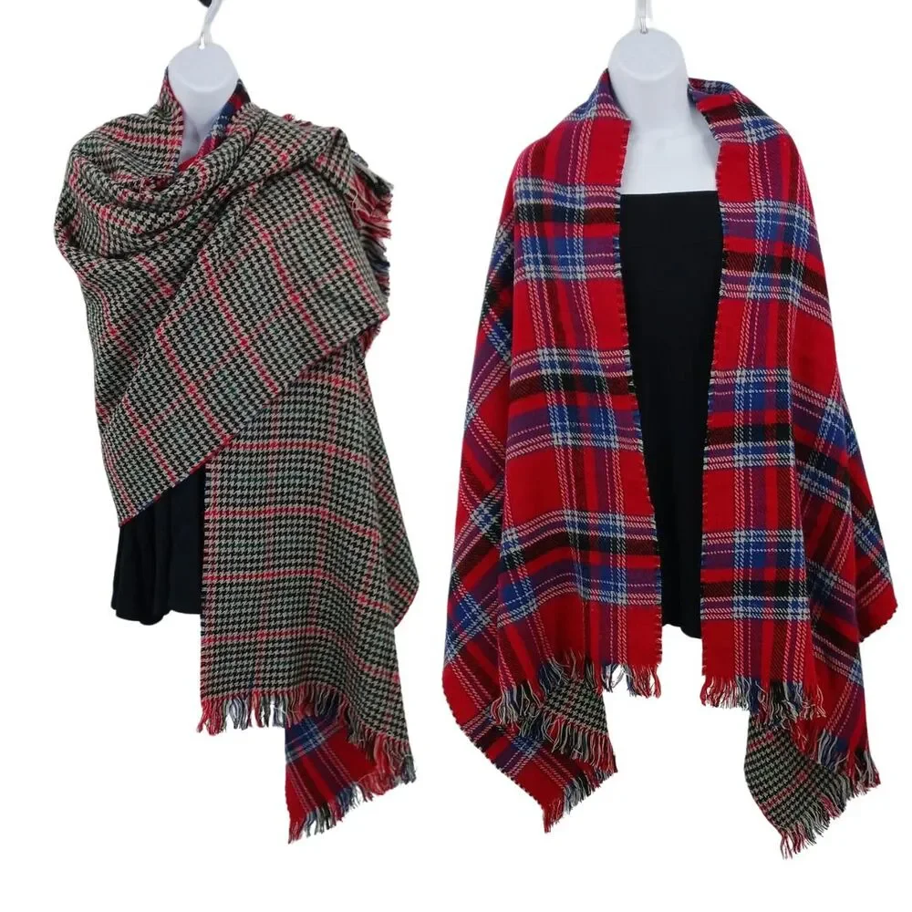 Reversible Plaid Houndstooth Blanket Scarf Fringe Trim Oversized Wrap Scarf